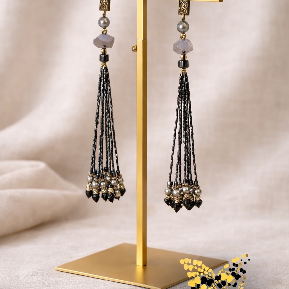 Elegant Black and Gold Tassel Earrings